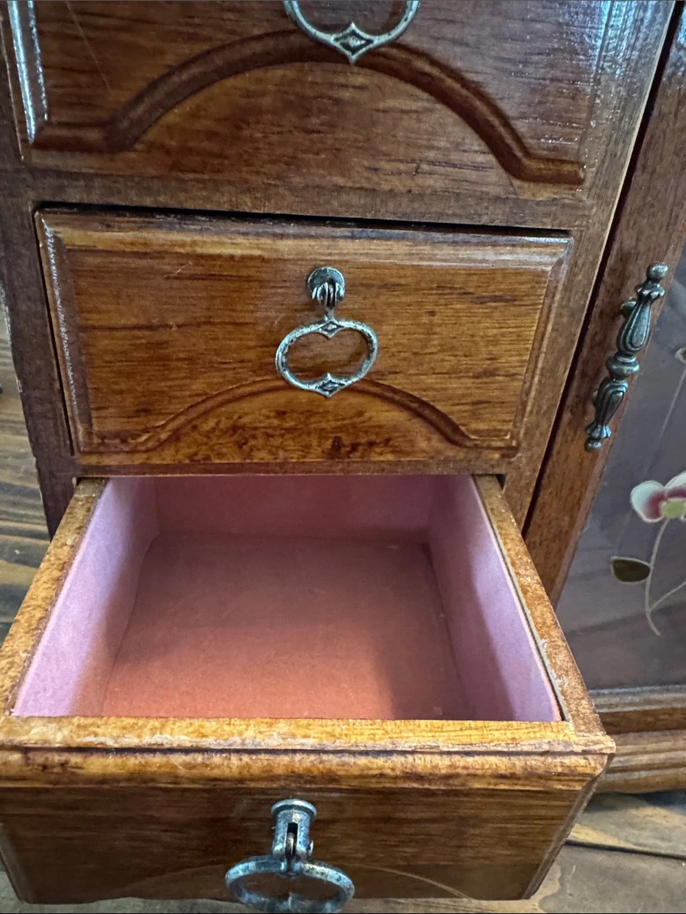Wood Finish Jewelry Armoire with Floral Glass Door